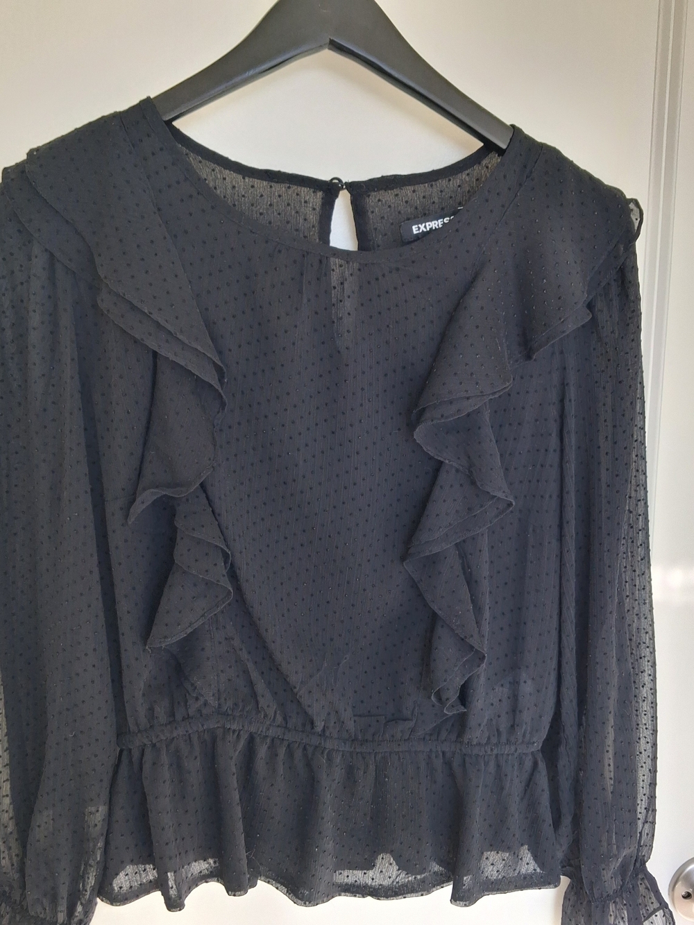 Express Black Dobby Swiss Dot Ruffle Sheer Peplum Blouse Long Sleeve SZ M